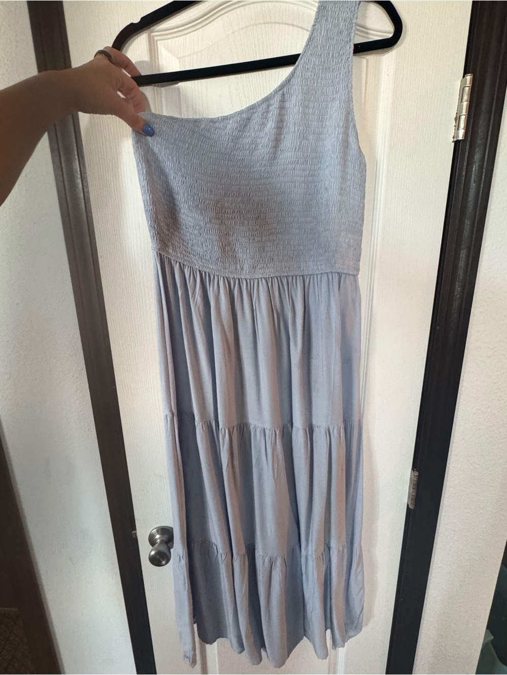 Light Blue One-Shoulder Tiered Maxi Dress